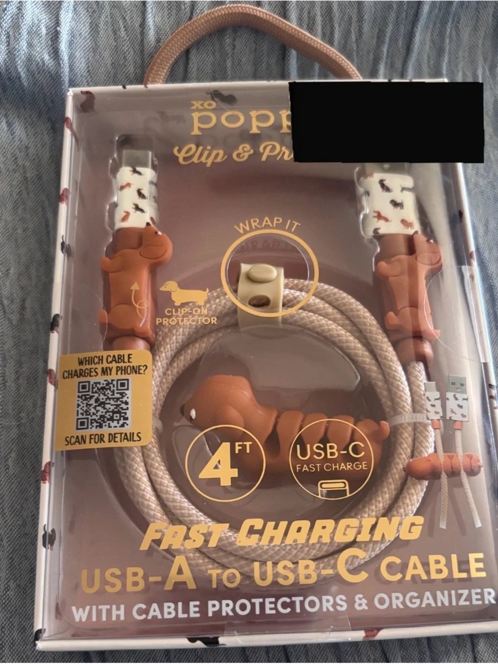 Poppy Viral Dachshund USB-A to USB-C Cable with Brown & Cream Dog Protectors